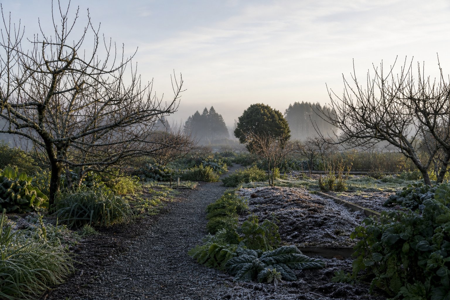 Winter light over productive garden beds and dormant fruit trees